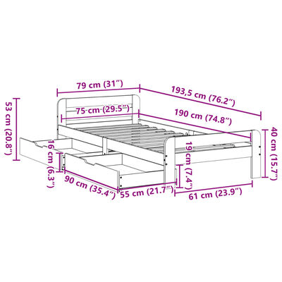 vidaXL Sengeramme uten madrass 75x190 cm heltre furu