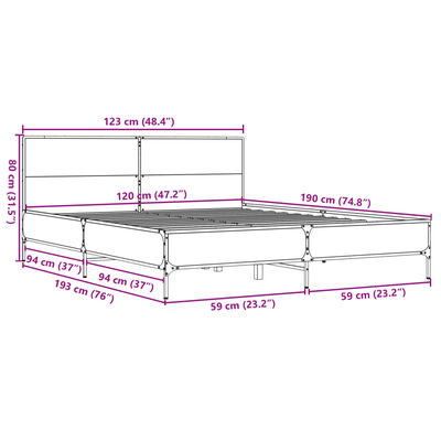 vidaXL Sengeramme røkt eik 120x190 cm konstruert tre og metall