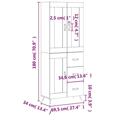 vidaXL Highboard høyglans hvit 69,5x34x180 cm konstruert tre