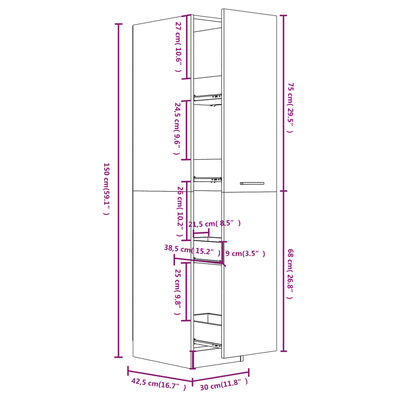 vidaXL Apotekskap betonggrå 30x42,5x150 cm konstruert tre