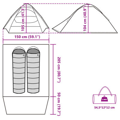 vidaXL Kuppeltelt for camping 2 personer hvit blendingsstoff vanntett