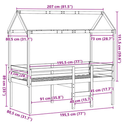 vidaXL Høyseng med tak voksbrun 75x190 cm heltre furu