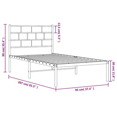 vidaXL Sengeramme i metall med hodegavl hvit 90x200 cm