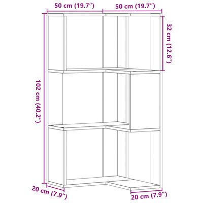 vidaXL Bokhylle for hjørne 3 etasjer hvit 50x50x102 cm konstruert tre