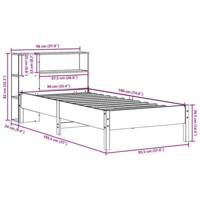 vidaXL Seng med bokhylle uten madrass 90x190 cm heltre furu