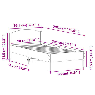 vidaXL Sengeramme uten madrass hvit 90x200 cm heltre furu