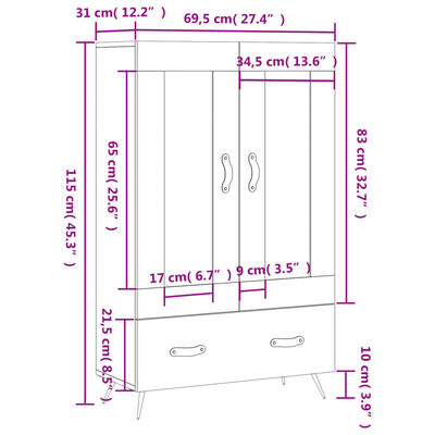 vidaXL Highboard sonoma eik 69,5x31x115 cm konstruert tre