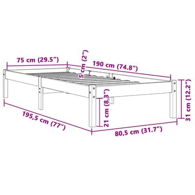 vidaXL Sengeramme uten madrass voksbrun 75x190 cm heltre furu