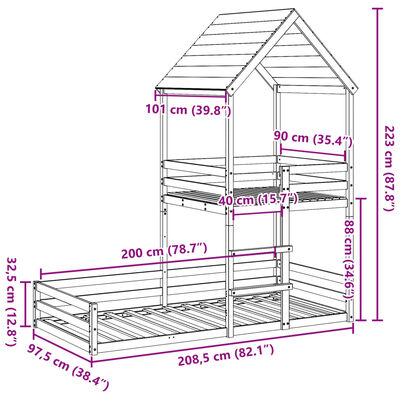 vidaXL Køyeseng med tak voksbrun 90x200 cm heltre furu