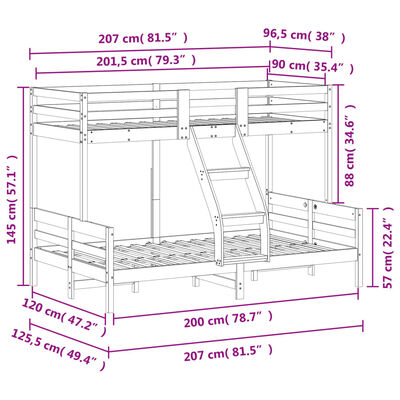 vidaXL Køyeseng 90x200/120x200 cm heltre furu