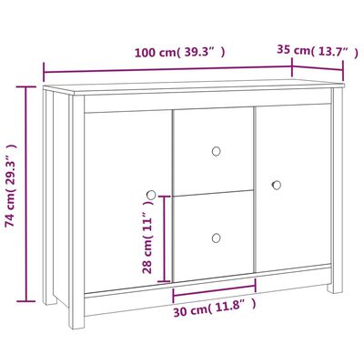 vidaXL Skjenk hvit 100x35x74 cm heltre furu