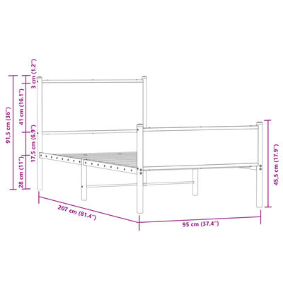 vidaXL Sengeramme i metall uten madrass røkt eik 90x200 cm