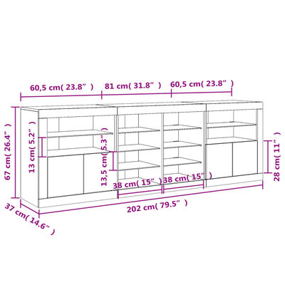 vidaXL Skjenk med LED-lys hvit 202x37x67 cm