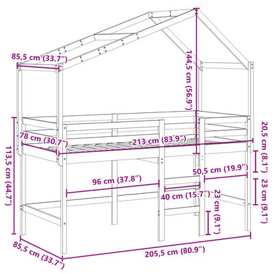 vidaXL Køyeseng med stige og tak 80x200 cm heltre furu