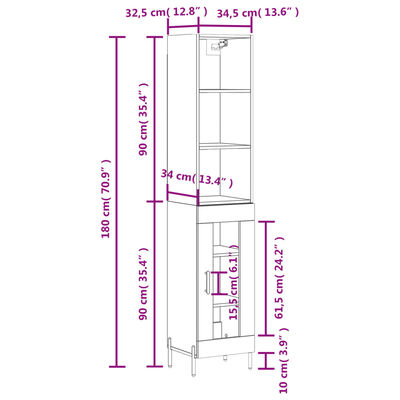 vidaXL Highboard høyglans hvit 34,5x34x180 cm konstruert tre