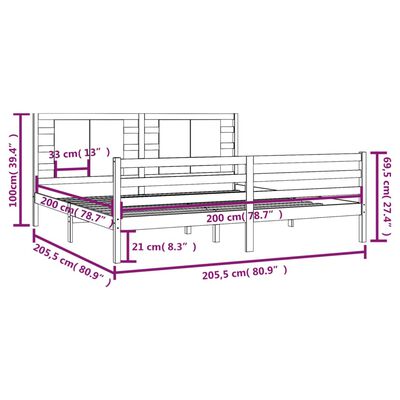 vidaXL Sengeramme grå heltre furu 200x200 cm