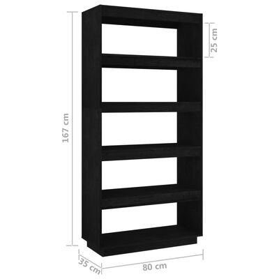 vidaXL Bokhylle/romdeler svart 80x35x167 cm heltre furu