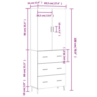 vidaXL Highboard sonoma eik 69,5x34x180 cm konstruert tre