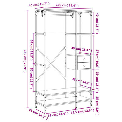 vidaXL Garderobe med skuffer brun eik 100x40x180 cm konstruert tre