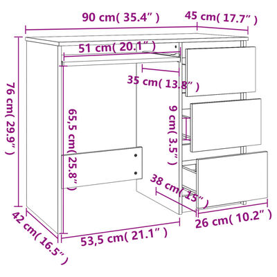 vidaXL Skrivebord hvit 90x45x76 cm konstruert tre