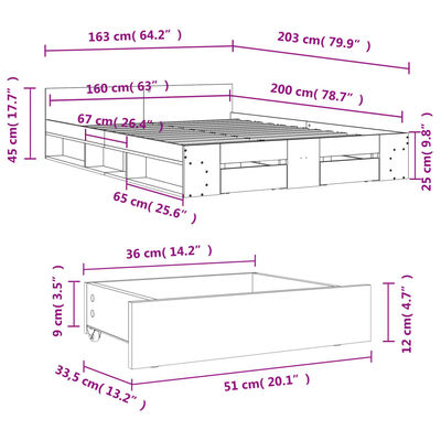 vidaXL Sengeramme med skuffer sonoma eik 160x200 cm konstruert tre