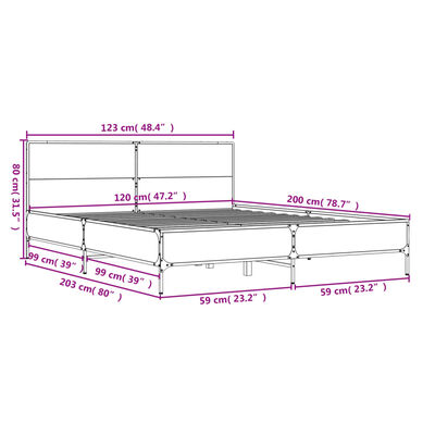 vidaXL Sengeramme brun eik 120x200 cm konstruert tre og metall