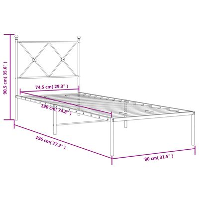 vidaXL Sengeramme i metall uten madrass med hodegavl hvit 75x190 cm