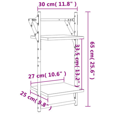 vidaXL Vegghyller med 2 hyller stenger 2 stk røkt eik 30x25x65 cm