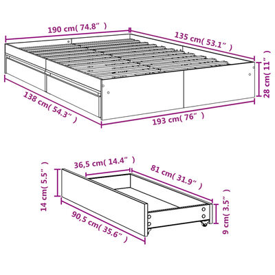 vidaXL Sengeramme med skuffer grå sonoma 135x190 cm konstruert tre