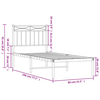 vidaXL Sengeramme i metall uten madrass med hodegavl hvit 75x190 cm