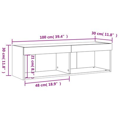 vidaXL TV-benker med LED-lys 2 stk røkt eik 100x30x30 cm