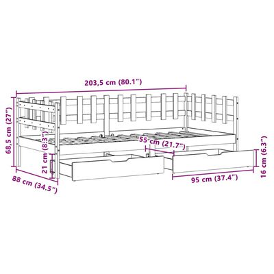 vidaXL Dagseng med skuffer hvit 90x200 cm heltre furu