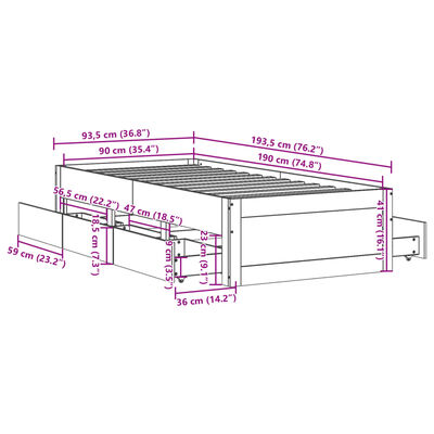 vidaXL Sengeramme uten madrass med skuffer hvit 90x190 cm heltre furu