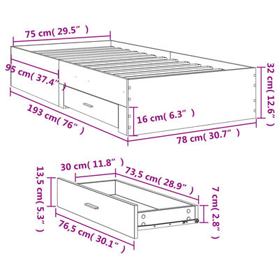 vidaXL Sengeramme med skuffer hvit 75x190 cm konstruert tre