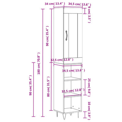 vidaXL Highboard røkt eik 34,5x34x180 cm konstruert tre