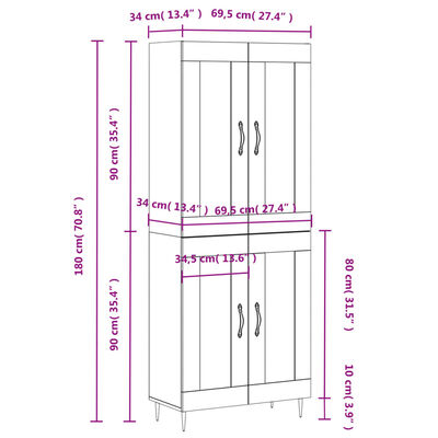 vidaXL Highboard betonggrå 69,5x34x180 cm konstruert tre