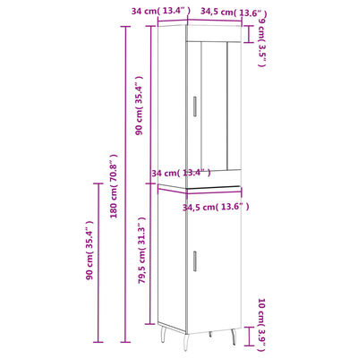 vidaXL Highboard grå sonoma 34,5x34x180 cm konstruert tre