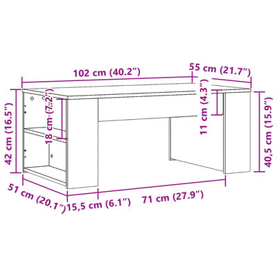 vidaXL Salongbord brun eik 102x55x42 cm konstruert tre