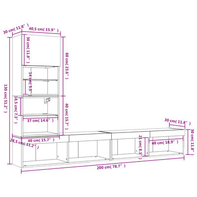 vidaXL Vegghengte TV-enheter med LED 4 deler sonoma eik konstruert tre