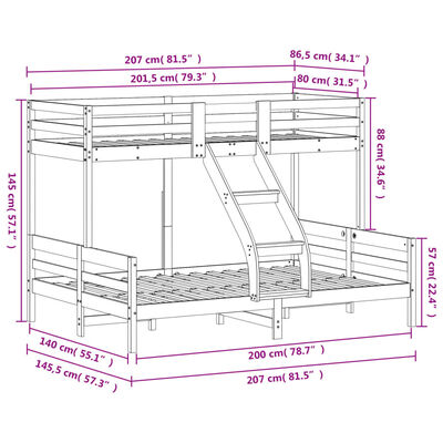 vidaXL Køyeseng 80x200/140x200 cm hvit heltre furu