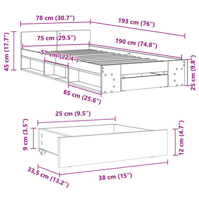 vidaXL Sengeramme med skuff svart 75x190 cm konstruert tre