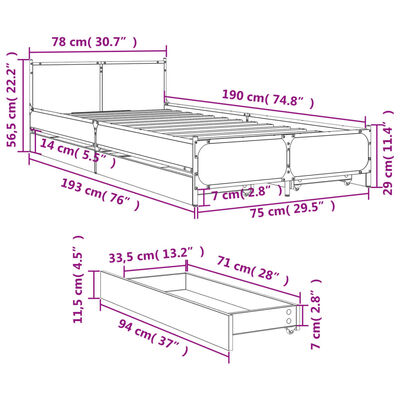 vidaXL Sengeramme med skuffer brun eik 75x190 cm konstruert tre