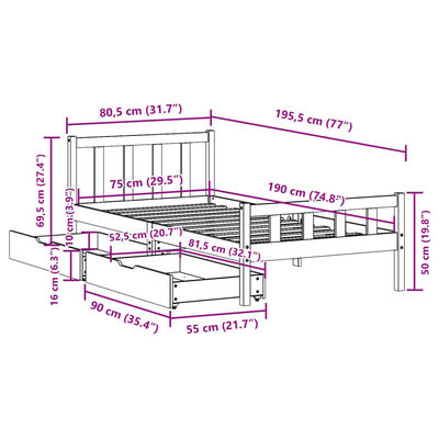 vidaXL Sengeramme uten madrass 75x190 cm heltre furu