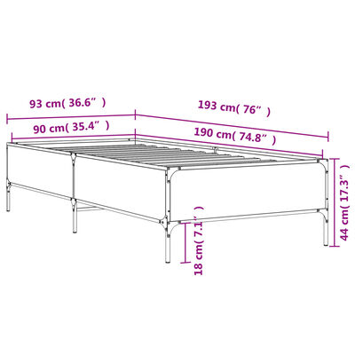 vidaXL Sengeramme røkt eik 90x190 cm konstruert tre og metall