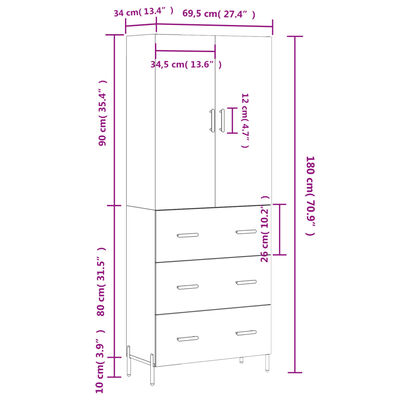 vidaXL Highboard høyglans hvit 69,5x34x180 cm konstruert tre