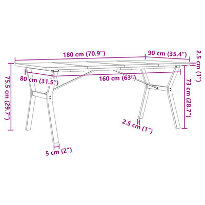 vidaXL Spisebord Y-ramme 180x90x75,5 cm heltre furu og støpejern