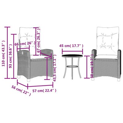 vidaXL Bistrosett 3 deler med puter svart polyrotting