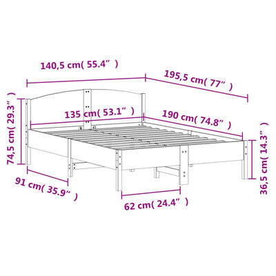 vidaXL Sengeramme uten madrass hvit 135x190 cm heltre furu