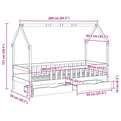 vidaXL Barnesengeramme med skuffer 80x200 cm heltre furu