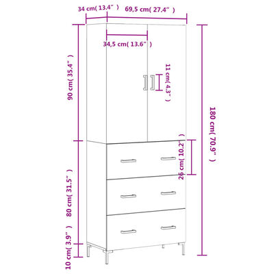 vidaXL Highboard grå sonoma 69,5x34x180 cm konstruert tre